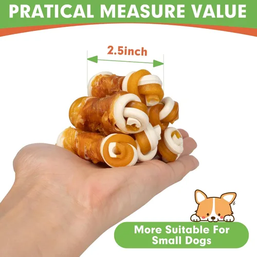 Vista 6 de MON2SUN Golosinas para perros sin cuero crudo de 2.5 pulgadas con verduras mixtas, mini huesos de nudo envueltos en pollo para perros pequeños
