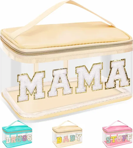 Vista 22 de izuzta Bolsas de maquillaje transparentes con letras de chenilla, bolsa de maquillaje de parche preppy con asa