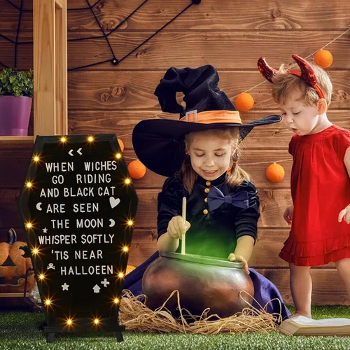 Vista 5 de Colarr Tablero de letras de fieltro negro con luces LED integradas con soporte, decoración de Halloween, más de 500 caracteres, blanco precortado
