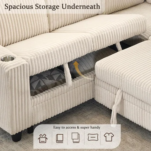 Vista 9 de ERYE L-Shaped Convertible Sofa Bed W/Pull Out Sleeper Couch Bed, 81" Plush Corduroy Sectional Couch with Symmetrical Corner Sectional Sleeper Sofa