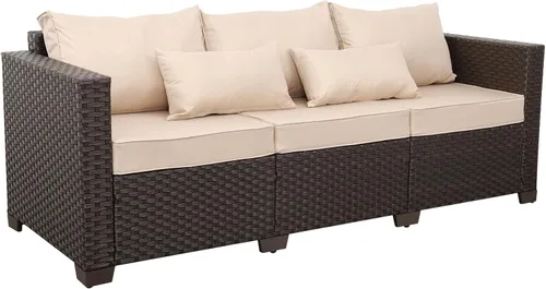 Vista 8 de Muebles de exterior, sofá de 3 plazas, sofá de mimbre marrón para exteriores, asiento profundo, respaldo alto, sofá de patio con cojines