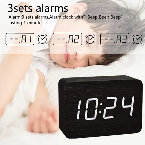 Vista 2 de Reloj despertador digital de madera, pantalla LED electrónica de hora, brillo ajustable de 4 niveles y control de voz, hora de visualización y fecha