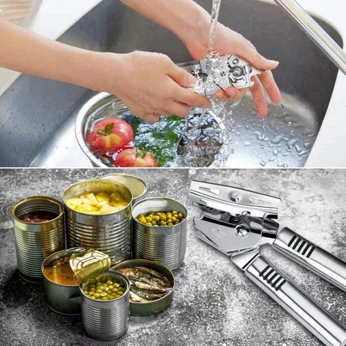 Vista 7 de Abridor de latas, de acero inoxidable, resistente, manual de abrelatas para cocina, borde liso, duradero, apto para alimentos, corte, 3 en 1