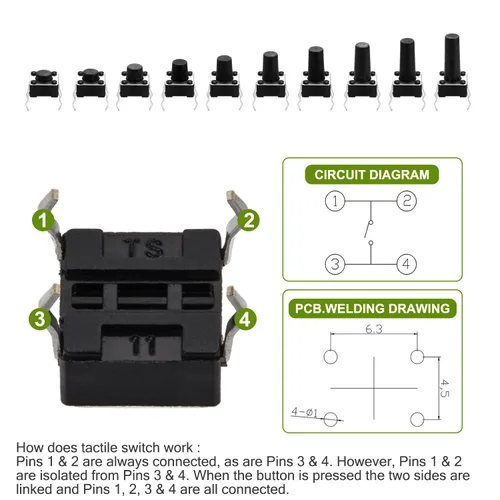 Vista 5 de Chanzon Interruptor táctil Botón pulsador micro interruptor momentáneo 0.236x0.236 in 4 pin 200 unids kit surtido pulsador interruptores Breadboard
