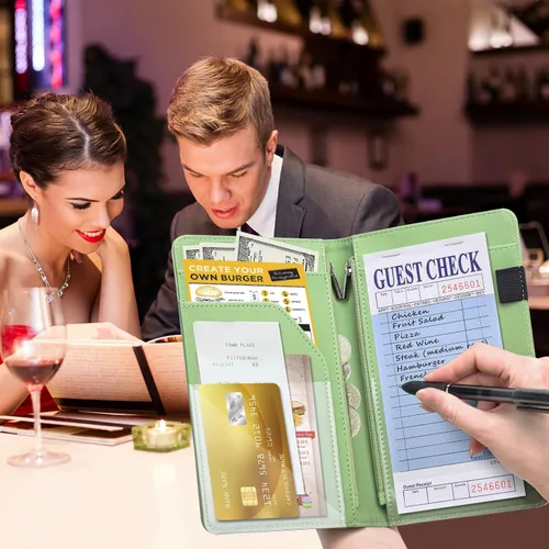 Vista 6 de Libros de servidor para camareras – Libro de camarero de cuero, cartera de servidor con bolsillo con cremallera, lindo organizador de libros