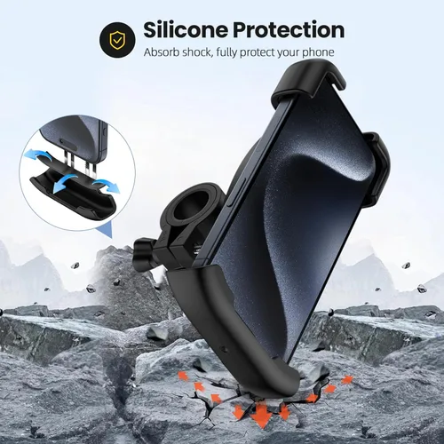 Vista 5 de Soporte de teléfono para bicicleta, soporte de teléfono para motocicleta, manillar giratorio de 360°, abrazadera de teléfono celular, clip