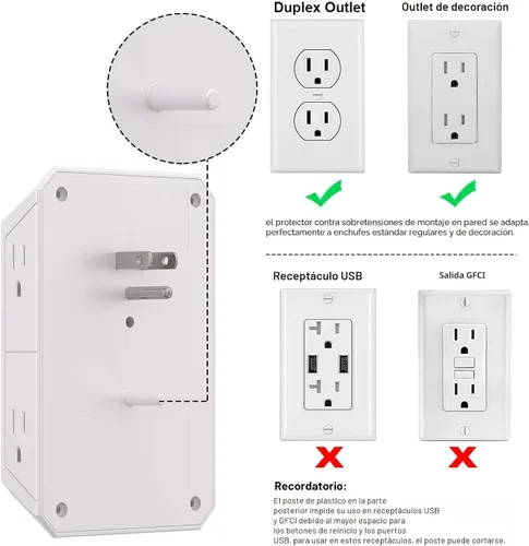 Vista 5 de Protector de sobretensiones extensor de salida – Divisor de 6 salidas con 4 puertos USB (2 USB-C), enchufe múltiple de pared 1680J regleta