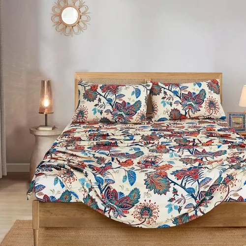 Vista 9 de Chezmoi Collection Paradise - Juego de sábanas florales de 3 piezas, multicolor, azul, rojo, naranja, crema, de microfibra con bolsillo profundo