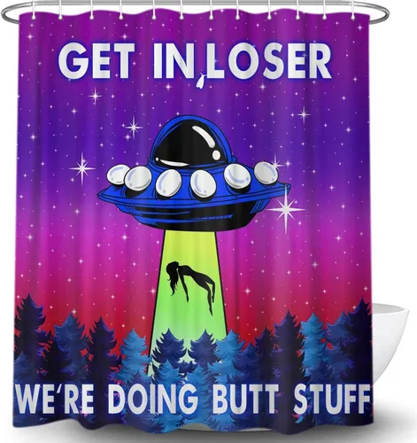 Vista 11 de MERCHR Funny UFO Shower Curtain for Bathroom, Unique Fun Alien Blue Space Starry Sky Forest Fabric Shower Curtains Set, Weird Restroom Decor