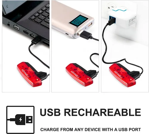 Vista 2 de Luz trasera para bicicleta recargable por USB, luz LED súper brillante trasera de bicicleta con clip como luz trasera roja con 6 modos