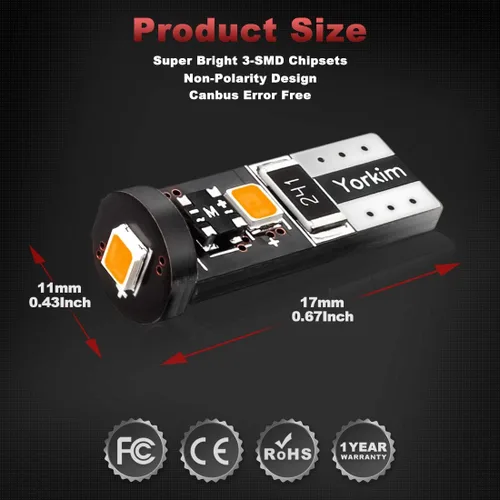 Vista 2 de Yorkim - Bombilla LED 194 ámbar, libre de error Canbus, 3-SMD 2835, T10 ámbar para interior, para luz de techo, mapa, puerta, cortesía, matrícula