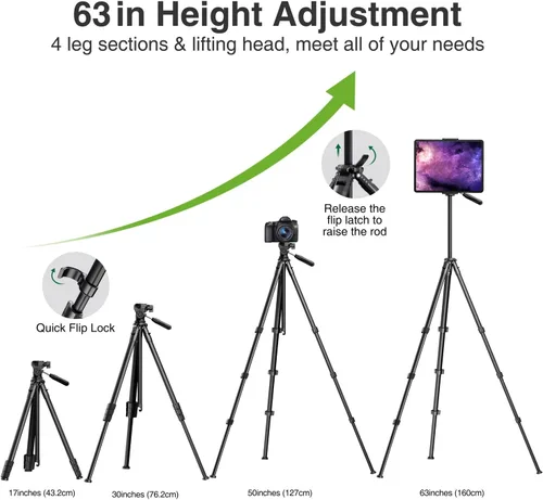 Vista 2 de Elitehood - Trípode de 160 cm para cámara y iPad, soporte compacto de viaje al aire libre, capacidad de carga 8kg/17.6lbs, compatible con DSLR