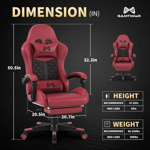 Vista 3 de Silla de juegos Gamtimer, silla de computadora con reposapiés y soporte lumbar, piel sintética transpirable, soporte lumbar y reposacabezas 4D