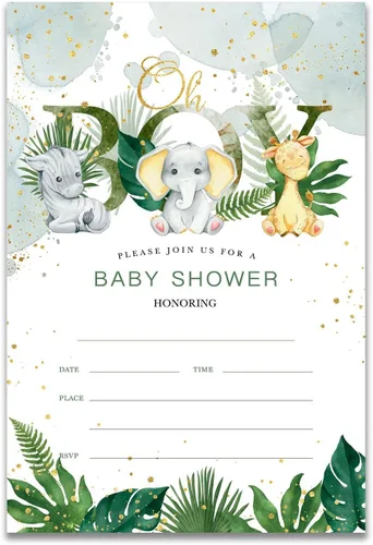 YIDOU Safari Boy - Invitaciones para fiesta de baby shower, diseño de selva vegetal, 20 invitaciones y sobres (doble cara)