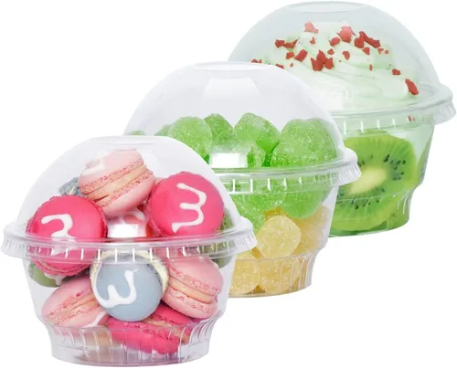 Vista 11 de Vasos de plástico transparente de 12 onzas con tapas de cúpula, tazas de postre con tapas (25 juegos), vasos desechables para fiestas de PET