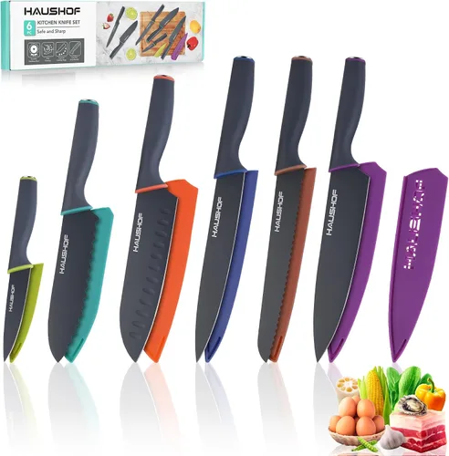 HAUSHOF Juego de cuchillos de cocina, juego de cuchillos de 12 piezas con 6 fundas de colores, cuchillas de acero inoxidable con revestimiento