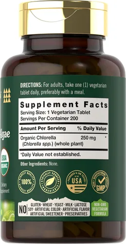 Vista 2 de Carlyle Tabletas de Chlorella 200 unidades 250 mg Algas verdes azules orgánicas Vegetariano, sin OMG, suplemento sin gluten Tahoe
