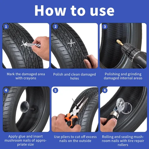 Vista 2 de Kit de tapones de reparación de neumáticos, con 3 tamaños de tapones de hongos, rodillo de parche de neumáticos, rueda de pulido, alicates de punta