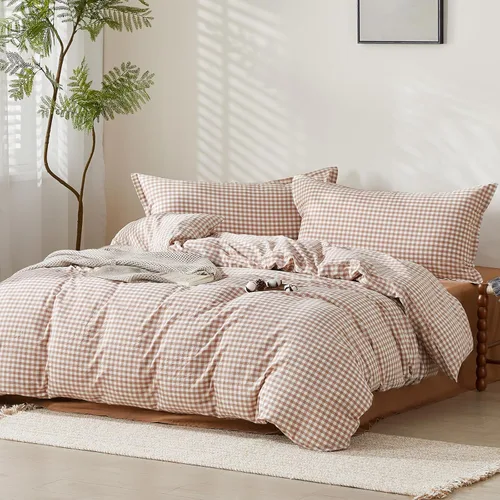 Vista 180 de SAPHREAS Juego de funda de edredón de algodón, tamaño King, a cuadros color gris oscuro y gris, geométrico, 3 piezas, 1 funda de edredón y 2 fundas