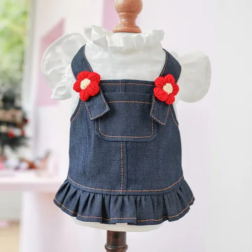 Vista 5 de Ropa de perro para perros pequeños y niña, lindos vestidos de mezclilla para mascotas, vestido de princesa con lazo para cachorro, ropa de princesa