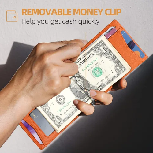 Vista 3 de RUNBOX - Cartera minimalista y delgada para hombre con clip de dinero, bloqueo RFID y piel para bolsillo frontal