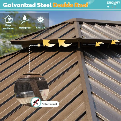 Vista 3 de EROMMY - Kiosco de techo rígido de 12 x 16 pies, kiosco de techo doble de acero galvanizado con marco de aluminio, permanente, de metal