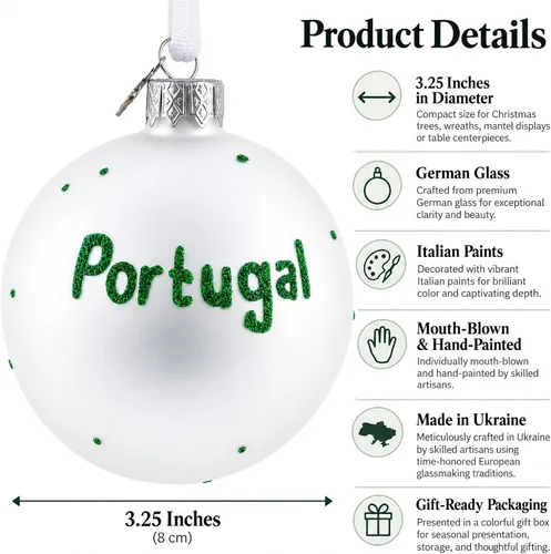 Vista 3 de Bandera de Portugal Bola de Vidrio Adorno de Navidad 3,25 Pulgadas
