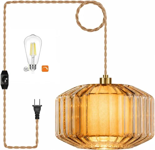 Vista 12 de Lámpara colgante de ratán para enchufar, con cable de enchufe, lámpara colgante de bambú regulable, tejida a mano estilo bohemio, pantalla