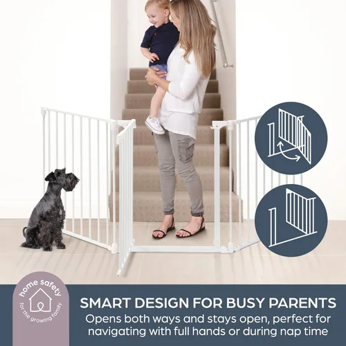 Vista 4 de Dreambaby Discovery - Puerta de metal para bebé, 76.5 pulgadas, extra ancha, 3 paneles para aberturas en ángulo, configurable para escaleras