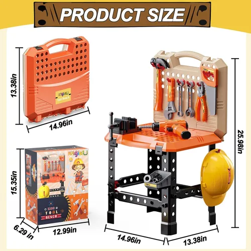Vista 7 de Juego de Mesa de Herramientas para Niños, MAGIC4U 95 Piezas Mesa de Trabajo de Herramientas para Niños Pequeños con Taladro Electrónico, 13 Equipos