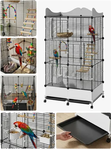 Vista 4 de Jaula cifrada para pájaros grandes de 57 pulgadas, espacio de almacenamiento superior, protector de salpicaduras inferior con suministros esenciales