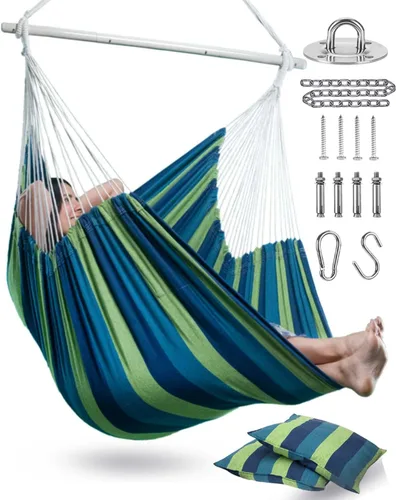 Vista 8 de Hamaca XXL colgante con cuerdas marca Lulladle, con 2 cojines - Máx. 500lbs - Perfecta para patio, porche, dormitorio, jardín, para interiores