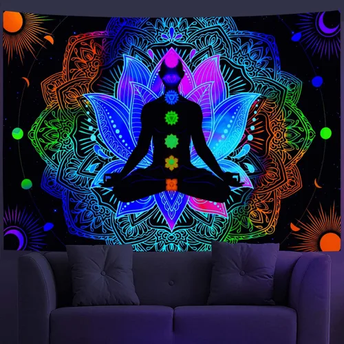Vista 4 de Torich Tapiz de siete chakras, luz negra, meditación reactiva a los rayos UV y espiritual para yoga, pósteres verticales, hippie mandala trippy