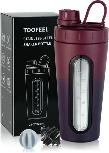 Vista 12 de TOOFEEL Coctelera de acero inoxidable, vaso de metal de 28 onzas para batidos de proteínas, 2 bolas batidoras, no se mantiene frío/caliente, ventana