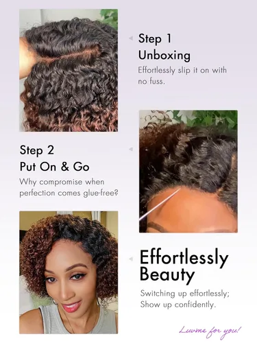 Vista 6 de LUVME HAIR Peluca de cabello humano rizado de 12 pulgadas, precortada, sin pegamento, HD, con cierre de encaje, color negro natural con raya lateral