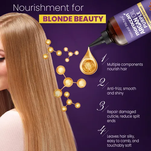 Vista 7 de Natural Riches Aceite de argán marroquí morado para cabello con extracto de linaza, fórmula anti-latón para cabello rubio, plateado, platino y gris