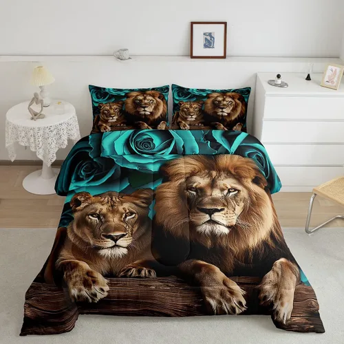 Vista 29 de Erosebridal Juego de ropa de cama de guepardo con rosa azul, juego de edredón con estampado de leopardo y gato, edredón romántico de plumón