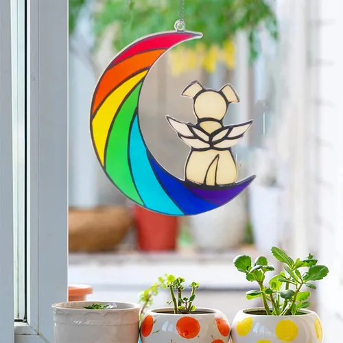 Vista 4 de Regalos conmemorativos colgantes para perros por pérdida de perro, ángel blanco en arco iris, luna, perro, acrílico, bebida, adornos para decoración