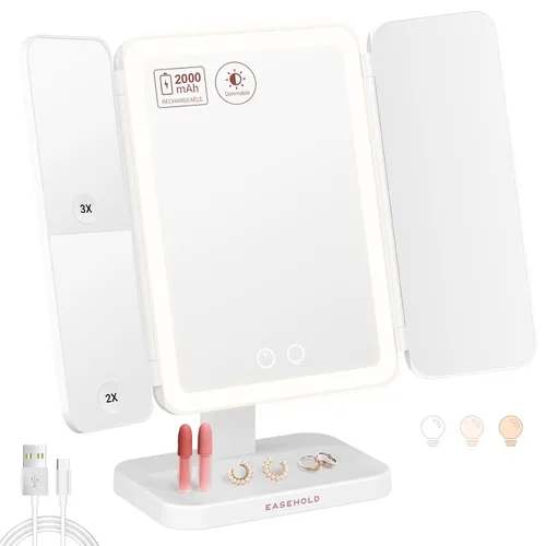 Vista 10 de EASEHOLD Espejo de tocador recargable con luces, 116 LEDs espejo de maquillaje, espejo de maquillaje iluminado de 3 colores, aumento 2X/3X/10X, 5000