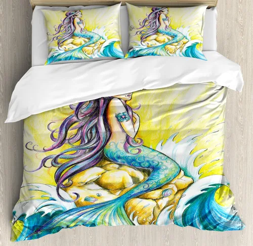 Vista 29 de Ambesonne Hawaii - Juego de funda de edredón de verano, palmeras y hojas exóticas de helecho, fondo colorido abstracto, juego de ropa de cama