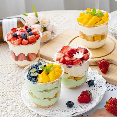 Vista 8 de TOFLEN Paquete de 50 Vasos de Plástico para Postre de 12 oz con Tapas de Cúpula (Sin Agujero) y Sporks, Vasos Desechables Transparentes para Yogur