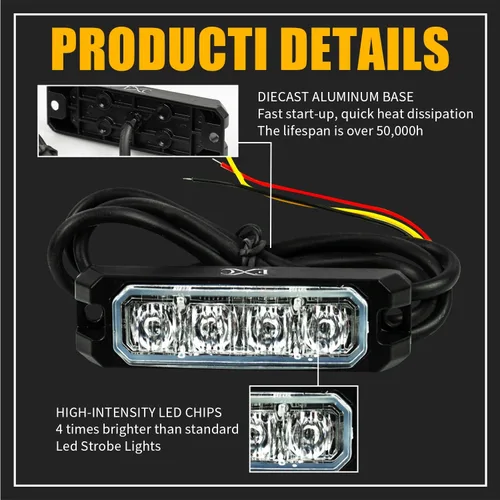 Vista 4 de FXC Purishion - Luces estroboscópicas de emergencia impermeables con 4 luces LED de luz estroboscópica, 16 patrones intermitentes para automóvil