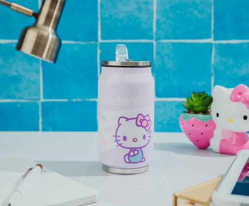 Vista 4 de Silver Buffalo Sanrio Hello Kitty - Taza de acero inoxidable con doble pared para soda con popote abatible, 11.8 onzas