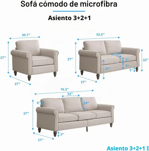 Vista 2 de PUREMIND Juego de sofá de 3 piezas para sala de estar, sofá seccional y sofá biplaza y sillón, moderno sofá de 3 plazas + sofá de 2 plazas+ juego