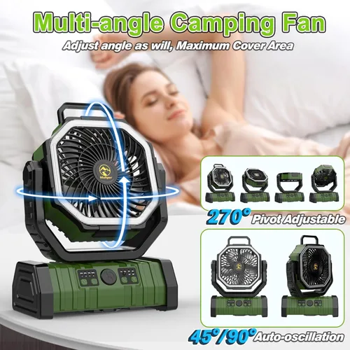 Vista 6 de Ventilador de campamento recargable de 20000 mAh, ventilador portátil oscilante automático para acampar con control remoto y linterna LED