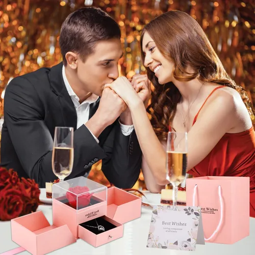 Vista 5 de Caja de rosas preservadas con collar, rosas artificiales, regalos románticos para mujer, esposa, novia, mamá, cumpleaños, aniversario, día
