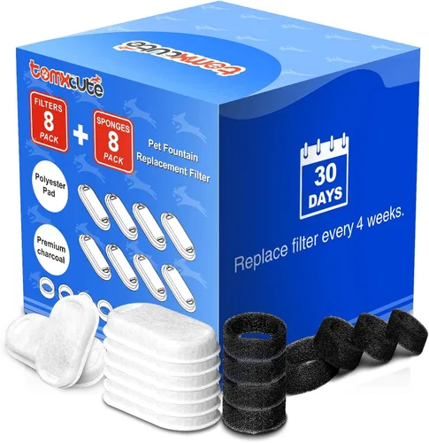 Filtros de repuesto para fuente de agua para gatos oficiales de tomxcute – Paquete de 16 filtros de fuente de gato para fuente de agua para mascotas