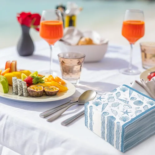 Vista 5 de AnyDesign Paquete de 100 servilletas de papel de concha de mar azul océano playa, servilletas desechables de verano náuticas de almuerzo bajo