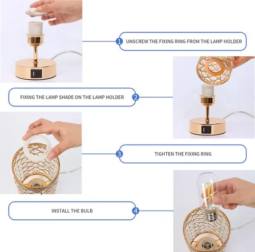 Vista 6 de Lámpara de mesa de cristal, lámpara de escritorio dorada con control táctil, para mujer, decoración de dormitorio, 2 puertos USB, mesita de noche