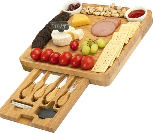 Vista 5 de Juego de tabla de queso y cuchillos, bandeja de bambú para servir charcutería, juego de tabla de cortar queso de madera, regalos para inauguración